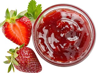 Top view of strawberry jam in jar with fresh strawberries and leaves. Appetizing illustration perfect for food blogs, recipe books and culinary content