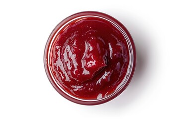 Top view of strawberry jam in glass jar on white background. Appetizing illustration ideal for food blogs, recipe books and breakfast menus