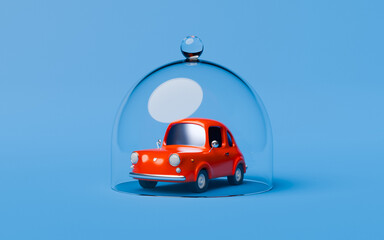 Cute, red car covered with glass cloche