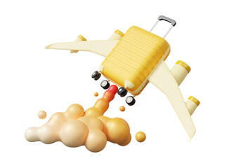 luggage tourism trip planning fly world tour, Suitcase plane spewing smoke mockup recreation travel, adventure leisure touring holiday summer season concept. 3d render illustration element.