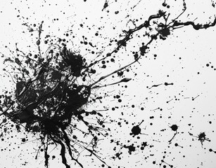 Splash of black ink with strokes and scattered splashes on white background. Chaotic design with dynamic brushstrokes. Ideal for modern art projects, backgrounds and graphic design