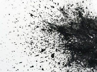 Explosion of black ink with scattered splashes on white background. Chaotic expressive design is ideal for contemporary art projects, backgrounds and graphic design