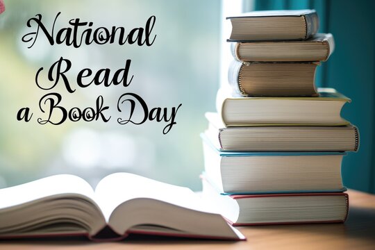 Cozy Reading Corner on National Read a Book Day with Stacked Books by Window.