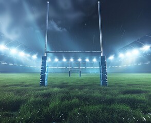 Illuminated rugby field under the night sky with goalposts, ready for the intense match. The stadium lights provide a dramatic backdrop.