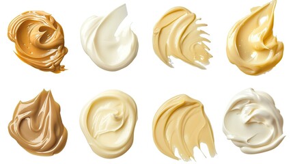 Various smears and swirls of mayonnaise and mustard isolated on white background. Set of sauces with glossy creamy texture ideal for food blogs or recipes and menus