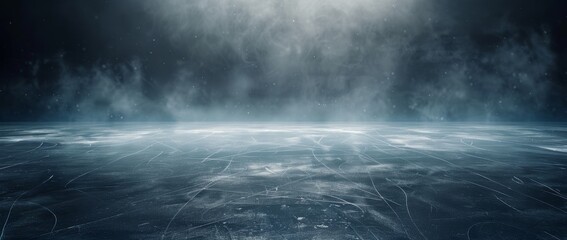 Fototapeta premium ice rink background with smoke, dark atmosphere, empty space for product presentation