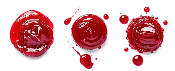 Three circles of red smears of berry jam with splashes isolated on white background, top view. Different textures of berry spreads ideal for food branding, advertising and design templates