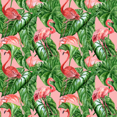 Fototapeta premium Tropical Summertime seamless pattern with Flamingo