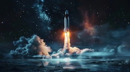 Spacecraft ascending through night sky with clouds and stars