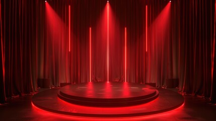 Red stage lighting with circular podium and curtains