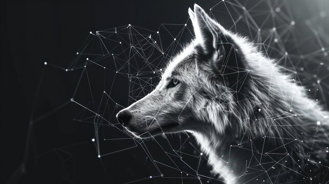 Stylized wolf illustration in black geometric web