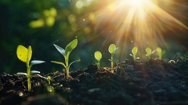 seedling of hope young plants sprouting from rich soil towards morning sunlight ecology concept