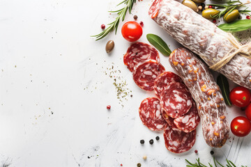 Assorted Italian Salami with Fresh Herbs and Cherry Tomatoes on White Background.