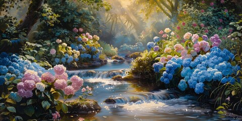 Garden with babbling brook, hydrangea blossoms, soft light, vibrant blue and pink flowers, lush foliage, peaceful reflections, idyllic and serene setting