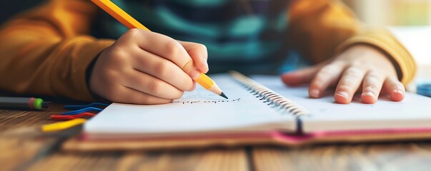 A child practicing handwriting at a desk, with a notebook and pencil