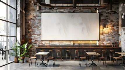 A large blank white canvas on the wall of an industrial coffee shop, with a brick wall behind it and wood bar tables below it.