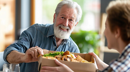 Neighbors helping each other out and sharing food. Elderly man receiving a meal with a smile. Compassion and care in the community.