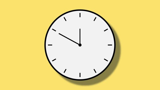 Digital animation of a black clock ticking on a yellow wall background, Animated clock display counting down.