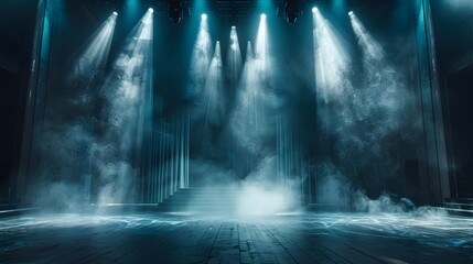 A large empty stage with spotlights shining down, creating an atmosphere of anticipation and excitement for the audience. The dark background creates a dramatic effect.