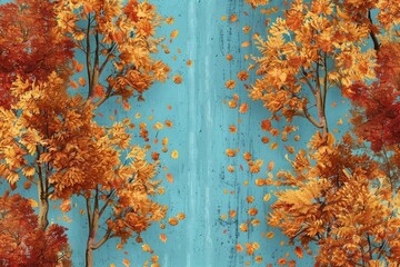 Beautiful autumn landscape with vibrant orange leaves falling from trees against a turquoise background, capturing the essence of fall.