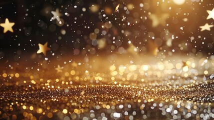 shimmering golden sequin floor with glittering star confetti and white particles on holiday background abstract glitter texture