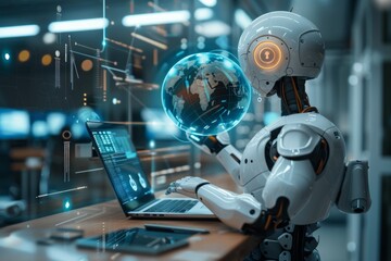 Advanced AI robot with illuminated digital face analyzing data on touchscreen in high-tech laboratory.