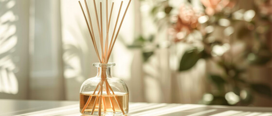 Glass bottle with rattan sticks emitting aroma on light background, for home ambiance.