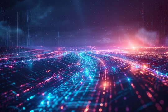 Vibrant abstract digital waveform background with dynamic glowing particles and waves in motion for technology themes.