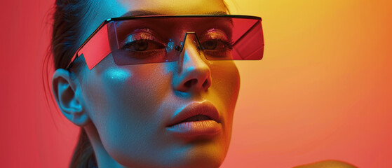 Mysterious woman in reflective glasses staring into the distance with contemplation