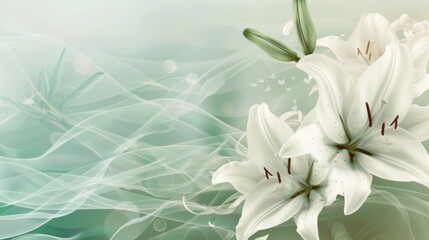 Obraz premium White lily sympathy card with green and white background