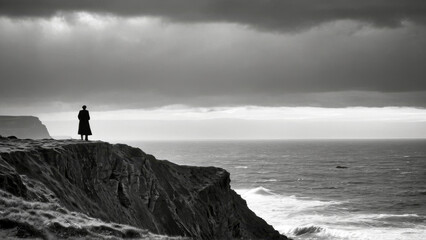 A man alone on a cliff looking out to sea over a cloudy sky. Black and white. Landscape. Introspective. 