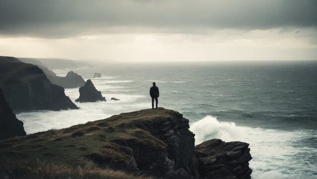 A man alone on a cliff looking out to sea over a cloudy sky. Shades of brown, blue and gray. Landscape. Introspective.