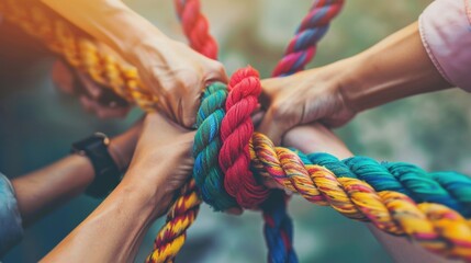 Diverse hands holding colorful ropes together in a team building exercise
