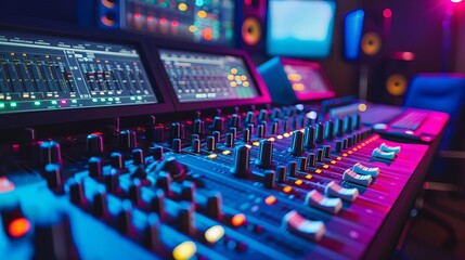 sleek recording studio interior professional audio equipment sound mixing console digital control panel music production hub