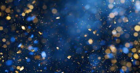 Falling confetti on blue background, abstract background with dark blue and gold particle. Golden light shine particles Bokeh on navy blue background, celebration concept