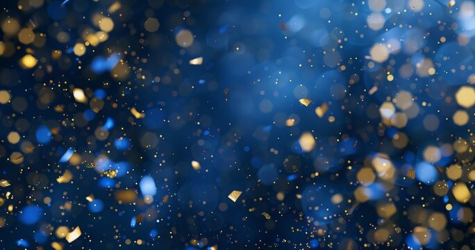 Falling confetti on blue background, abstract background with dark blue and gold particle. Golden light shine particles Bokeh on navy blue background, celebration concept