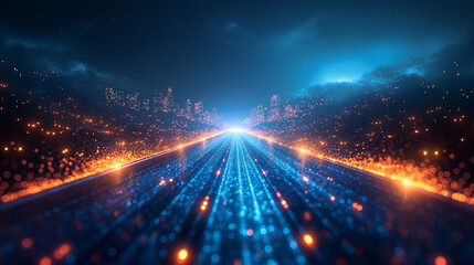 Obraz premium A 3D rendering with a blue light track effect on the road, a straight and smooth light track, and some small modern buildings in the distance, with axially symmetrical light passing through.