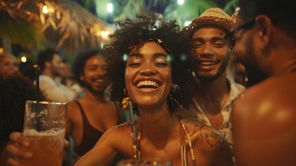 Image of a group of friends enthusiastically celebrating and enjoying themselves at a lively nighttime party toasting with drinks and laughing together in a festive convivial atmosphere
