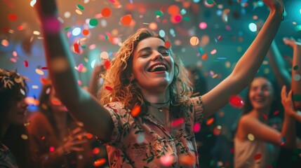 Fototapeta premium A group of enthusiastic friends dancing with energy and joy in a room filled with colorful a lively party atmosphere The scene captures the and togetherness of a celebratory gathering