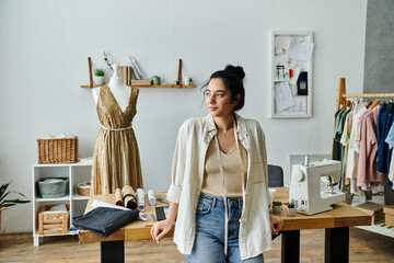 A young woman stands before a sewing machine, upcycling clothes in an eco-friendly manner.
