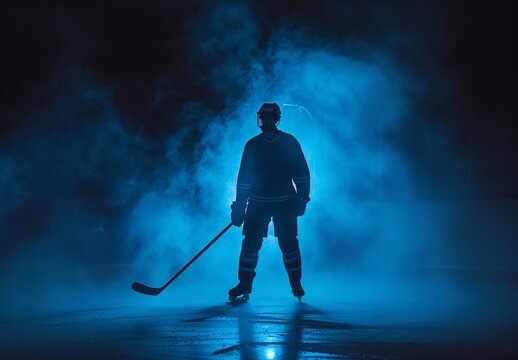 Silhouette of a hockey player standing on an ice rink, surrounded by blue mist, ready for action in a dramatic atmosphere.