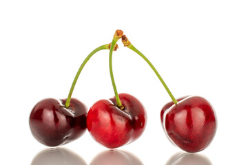 Three sweet cherry berries, macro, isolated on white background.