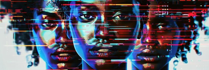 Digital glitch art portrait with red hues