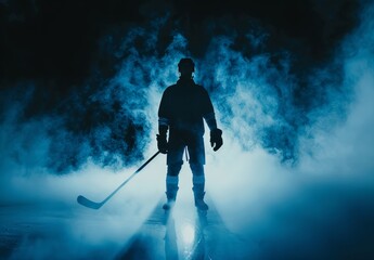 Silhouette of a hockey player holding a stick standing on an ice rink with dramatic smoke and blue light in the background.