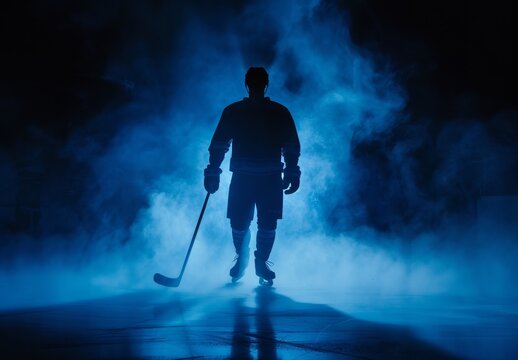 Silhouette of a hockey player holding stick, surrounded by blue smoke on ice rink. Dramatic sports scene highlighting intensity and focus.
