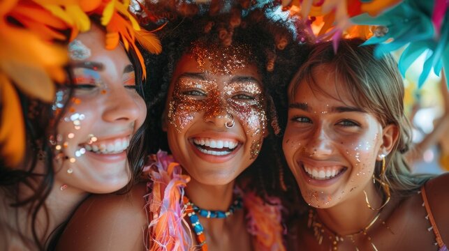 Group of friends dressed in colorful festive outfits dancing and enjoying a lively themed party with vibrant music confetti and a mood of pure joy and