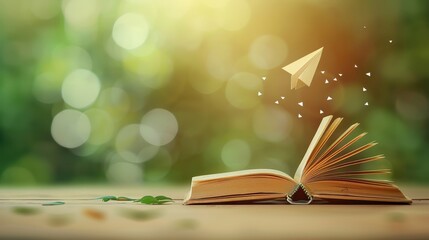 Simplified open book icon with a paper plane taking off from its pages, representing publishing. Vibrant colors, minimalistic style, with space for text on the left side.