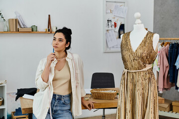 Woman customizes dress on mannequin with creative touch.