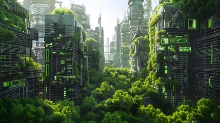 A cityscape transformed by digital green technology, with trees made of circuits and buildings of moss-covered screens 