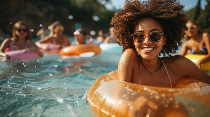 A group of diverse friends having a fun poolside party splashing water and relaxing on colorful floating devices enjoying the summer vacation and leisure time together